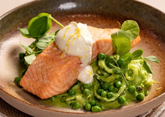 Roast Salmon Fillet with Lemon & Pea Courgetti